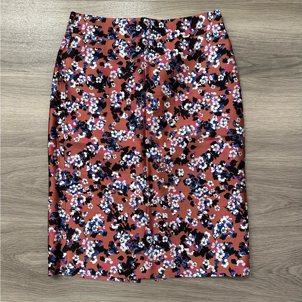 J. Crew Collection Silk Pencil Skirt White Blue Brown Floral Silk 4